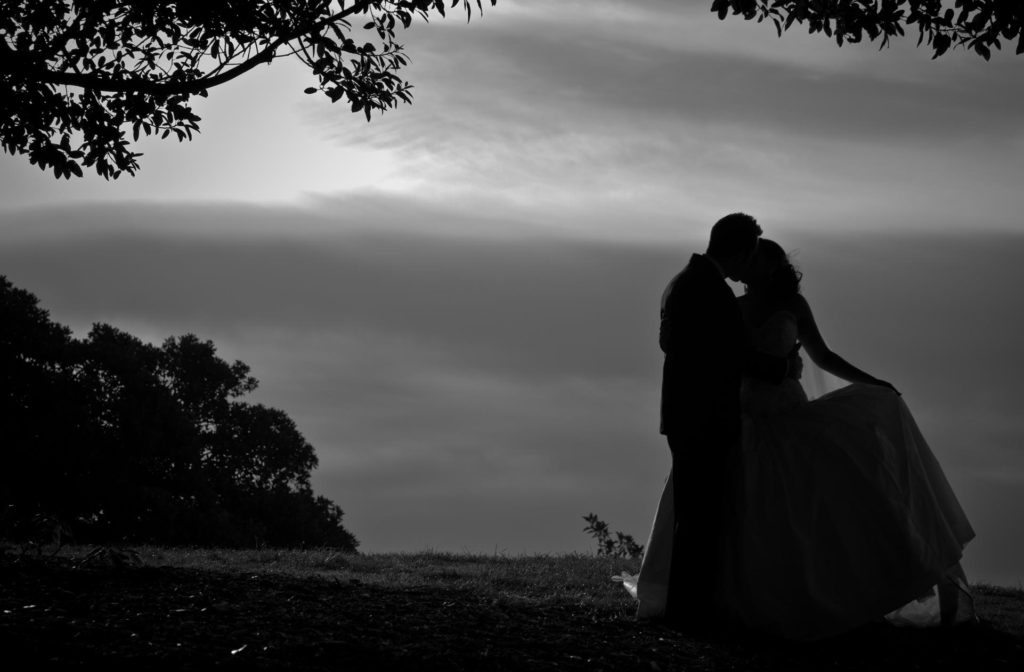 bride and groom silhoutte kiss under tree